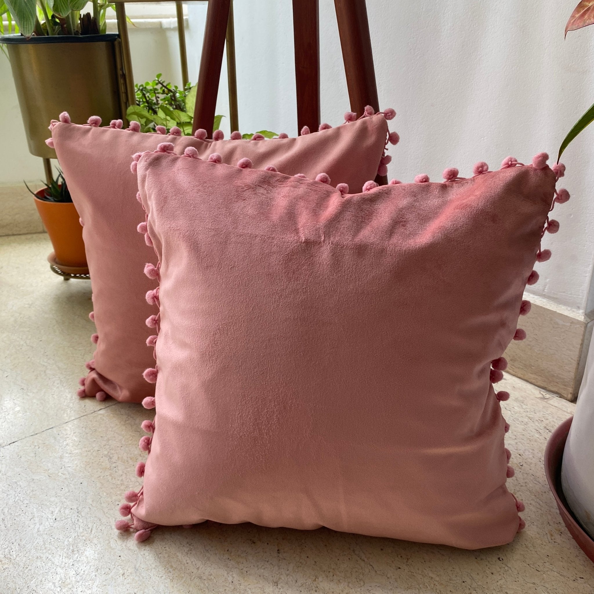 Suede Pompom Rosewood Cushion Covers, Pack of 2, 16" x 16" - Coral Slub -